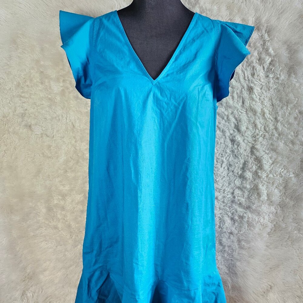 J.Crew Mercantile Women's Blue Flutter  Sleeves Ruffle Hem V-Neck Dress US 8